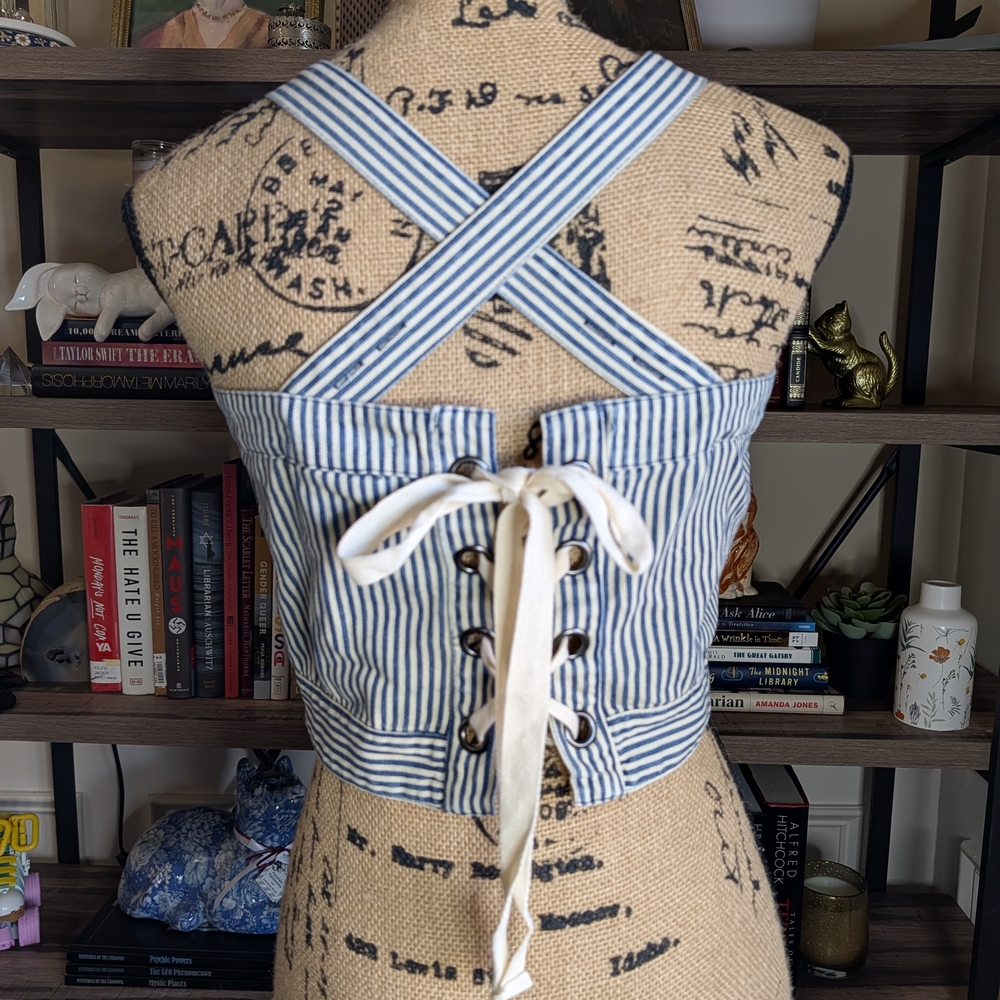 Blue and White Striped Lace-Up Crop Top